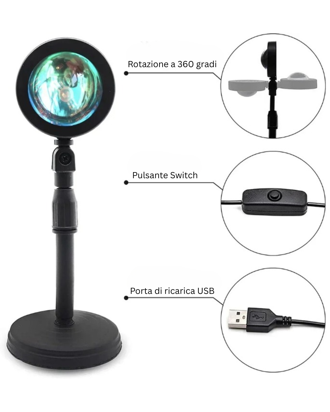 VitalGlowDesign™ Sunset Lamp LED, Telecomando, 16 Colori, 360°, 4 Modalità per Foto Social