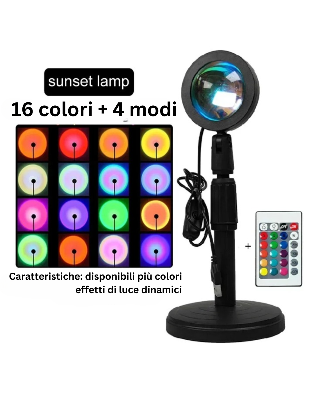VitalGlowDesign™ Sunset Lamp LED, Telecomando, 16 Colori, 360°, 4 Modalità per Foto Social