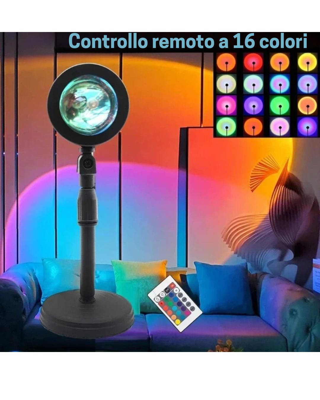 VitalGlowDesign™ Sunset Lamp LED, Telecomando, 16 Colori, 360°, 4 Modalità per Foto Social