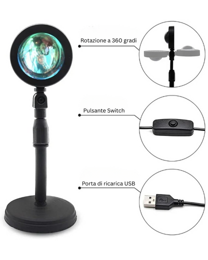 VitalGlowDesign™ Sunset Lamp LED, Telecomando, 16 Colori, 360°, 4 Modalità per Foto Social